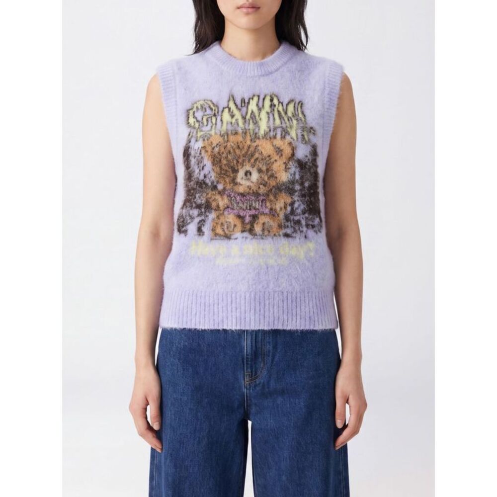 Ganni Women Ganni Alpaca Blend Knitted Vest With Jacquard Graffiti Print